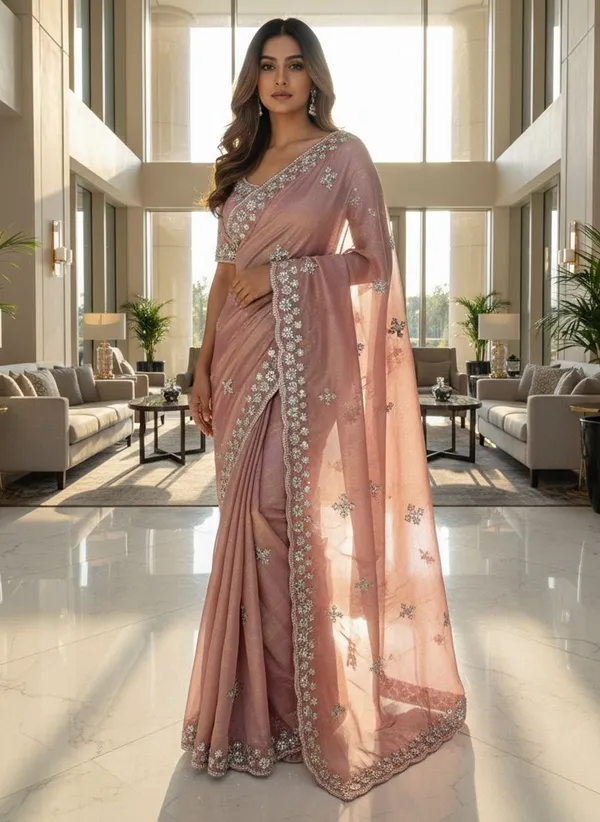 Rose_Gold_Organza_Floral_Embroidered_Sequin_Saree_For_Women_|_With_Blouse_Piece