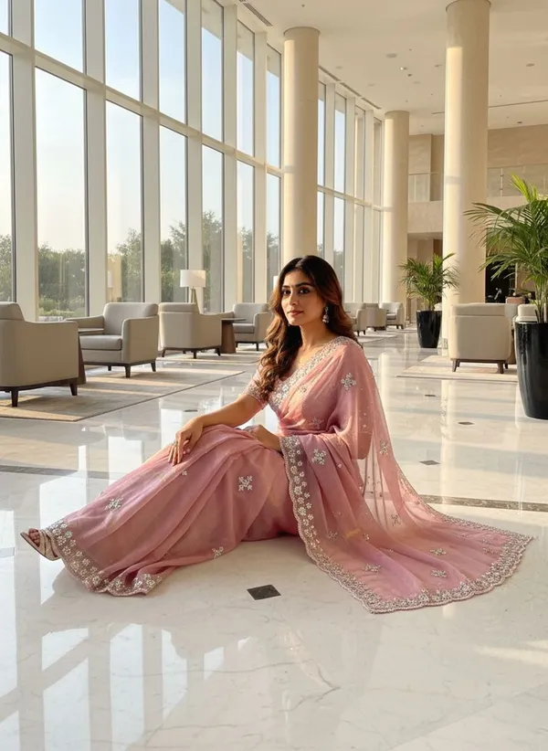 Rose_Gold_Organza_Floral_Embroidered_Sequin_Saree_For_Women_|_With_Blouse_Piece
