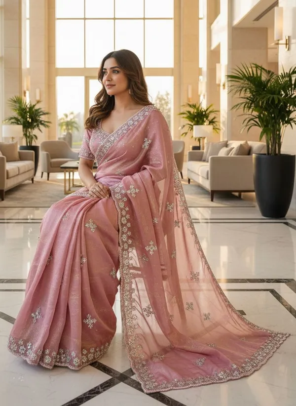 Rose_Gold_Organza_Floral_Embroidered_Sequin_Saree_For_Women_|_With_Blouse_Piece