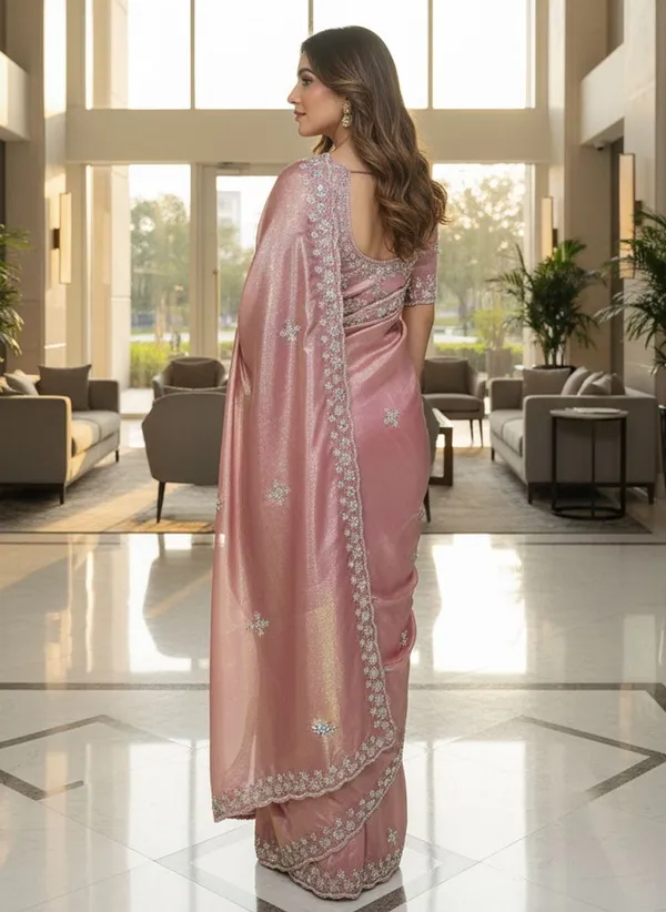 Rose_Gold_Organza_Floral_Embroidered_Sequin_Saree_For_Women_|_With_Blouse_Piece