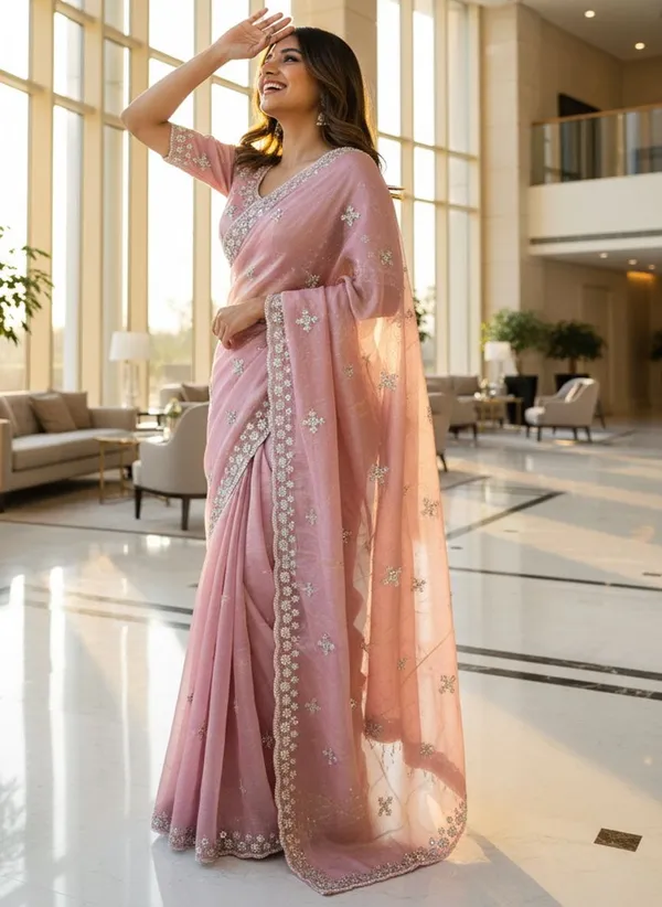 Rose_Gold_Organza_Floral_Embroidered_Sequin_Saree_For_Women_|_With_Blouse_Piece
