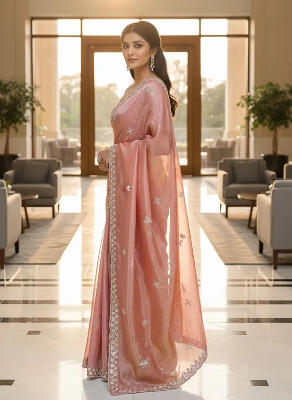 Rose_Gold_Organza_Floral_Embroidered_Sequin_Saree_For_Women_|_With_Blouse_Piece