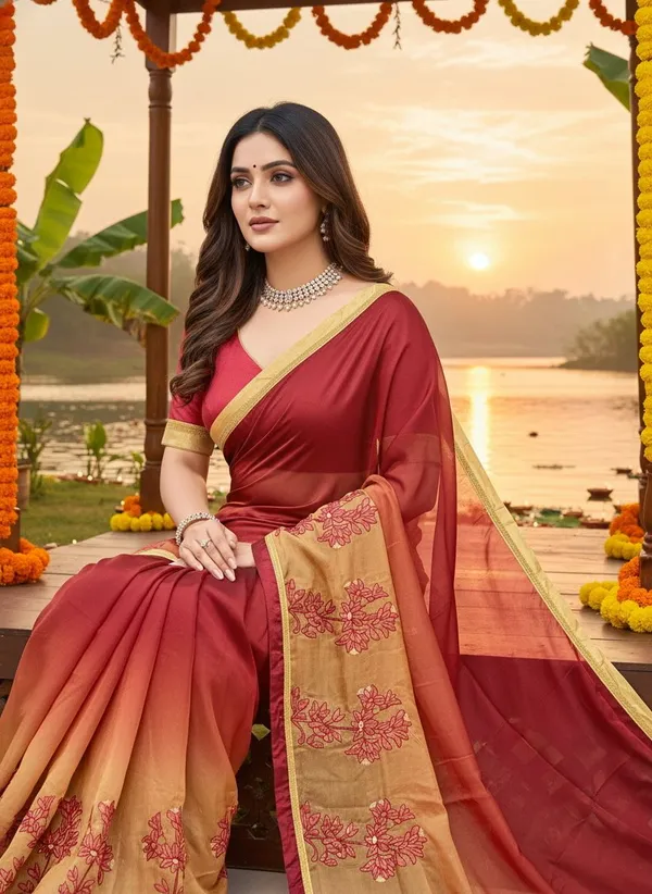 Maroon_Georgette_Ombre_Floral_Embroidered_Saree_For_Women_|_With_Blouse_Piece