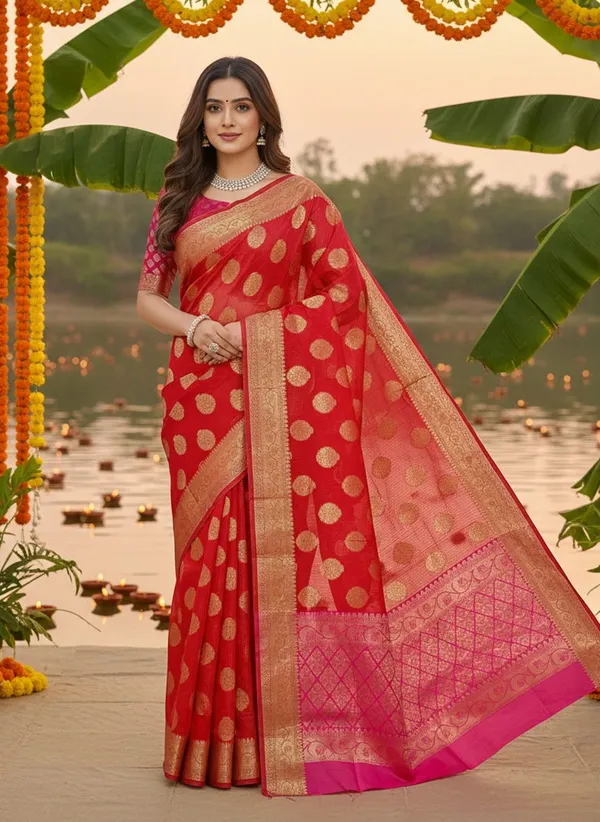 Red_Kota_Doria_Jacquard_Woven_Saree_For_Women_|_With_Blouse_Piece