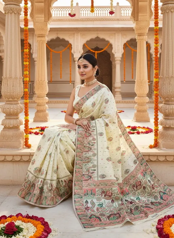 White_Silk_Blend_Jacquard_Madhubani_Art_Woven_Saree_For_Women_|_With_Blouse_Piece