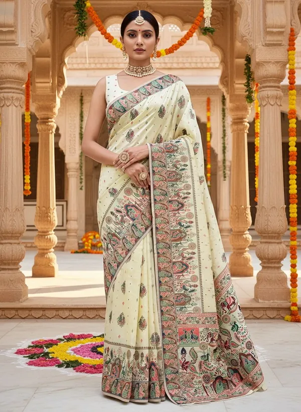 White_Silk_Blend_Jacquard_Madhubani_Art_Woven_Saree_For_Women_|_With_Blouse_Piece