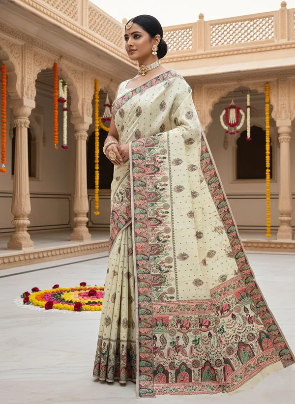 White_Silk_Blend_Jacquard_Madhubani_Art_Woven_Saree_For_Women_|_With_Blouse_Piece