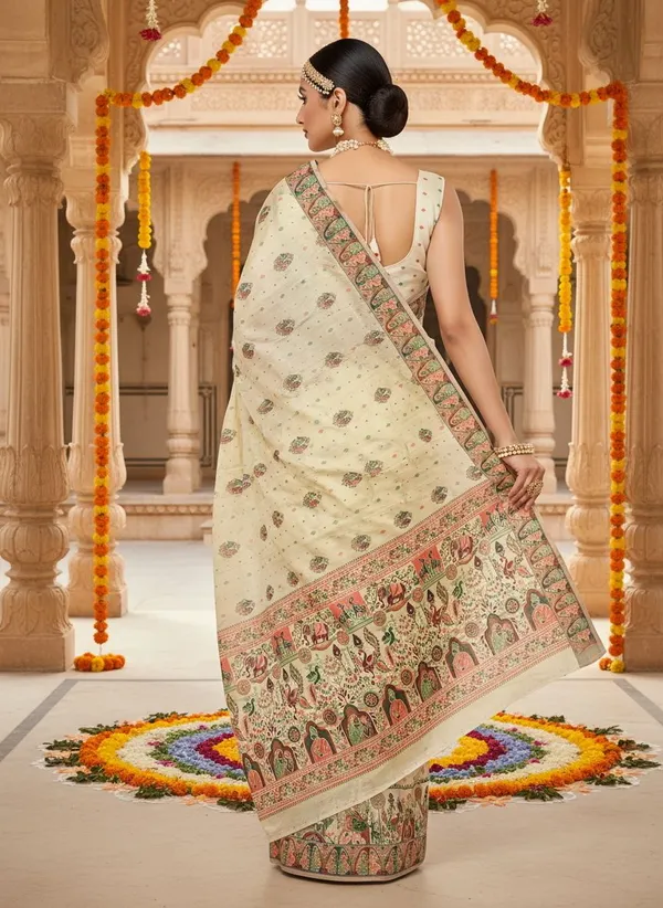 White_Silk_Blend_Jacquard_Madhubani_Art_Woven_Saree_For_Women_|_With_Blouse_Piece