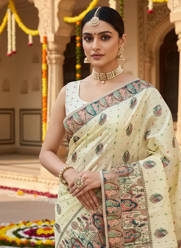 White_Silk_Blend_Jacquard_Madhubani_Art_Woven_Saree_For_Women_|_With_Blouse_Piece