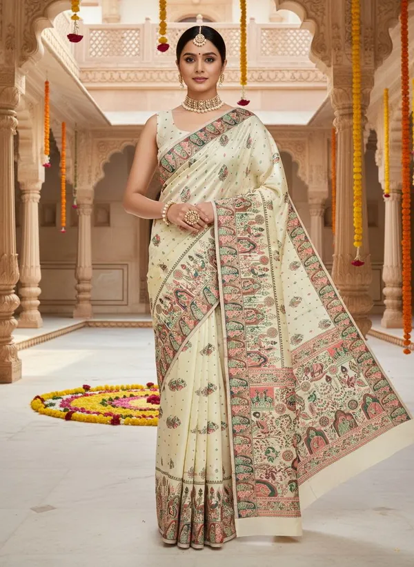 White_Silk_Blend_Jacquard_Madhubani_Art_Woven_Saree_For_Women_|_With_Blouse_Piece