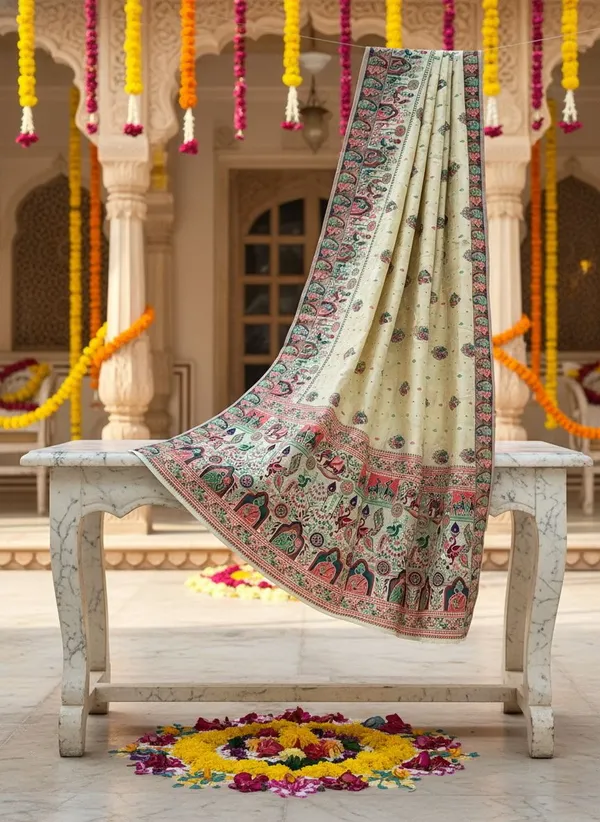 White_Silk_Blend_Jacquard_Madhubani_Art_Woven_Saree_For_Women_|_With_Blouse_Piece