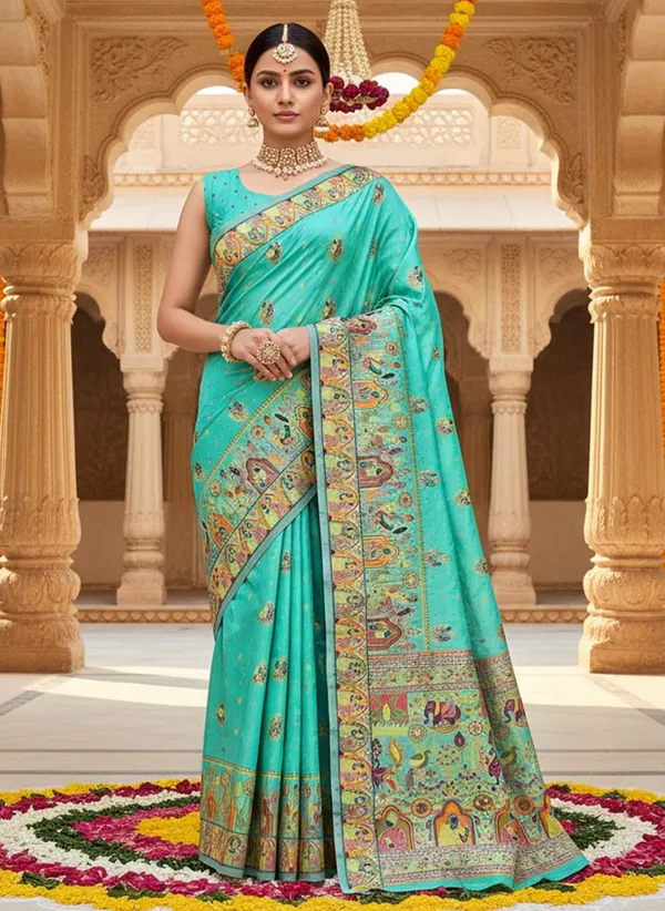 Light_Green_Silk_Blend_Jacquard_Woven_Madhubani_Saree_For_Women_|_With_Blouse_Piece