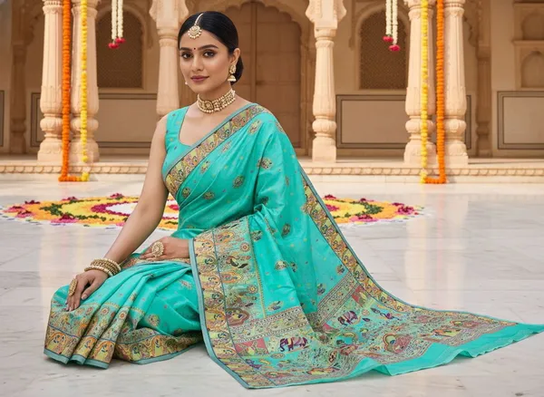 Light_Green_Silk_Blend_Jacquard_Woven_Madhubani_Saree_For_Women_|_With_Blouse_Piece