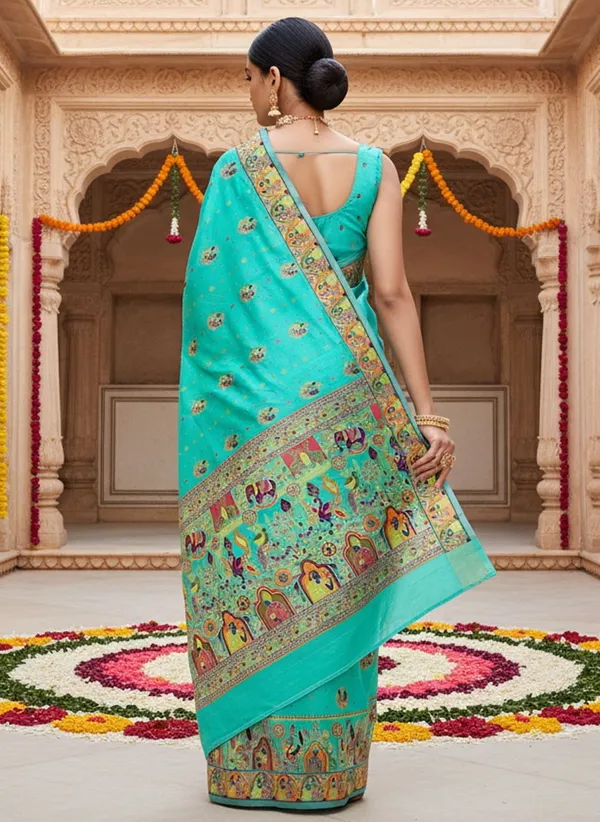 Light_Green_Silk_Blend_Jacquard_Woven_Madhubani_Saree_For_Women_|_With_Blouse_Piece