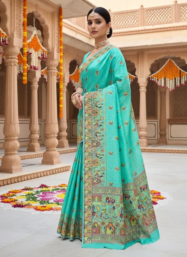 Light_Green_Silk_Blend_Jacquard_Woven_Madhubani_Saree_For_Women_|_With_Blouse_Piece