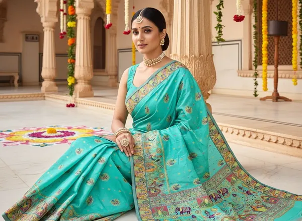 Light_Green_Silk_Blend_Jacquard_Woven_Madhubani_Saree_For_Women_|_With_Blouse_Piece