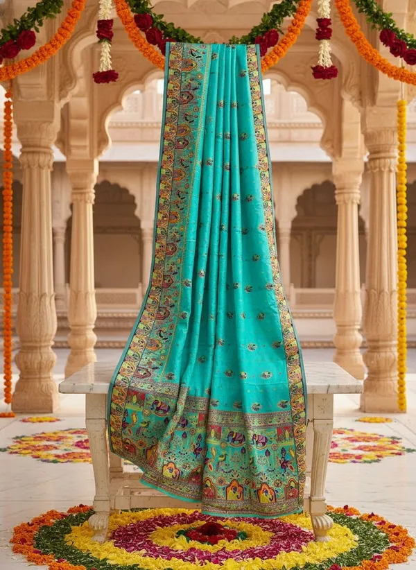 Light_Green_Silk_Blend_Jacquard_Woven_Madhubani_Saree_For_Women_|_With_Blouse_Piece