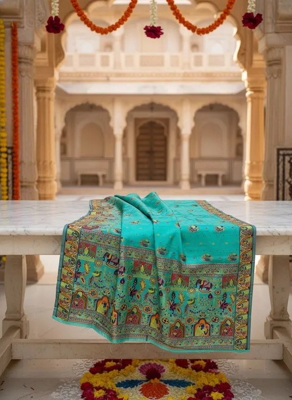 Light_Green_Silk_Blend_Jacquard_Woven_Madhubani_Saree_For_Women_|_With_Blouse_Piece