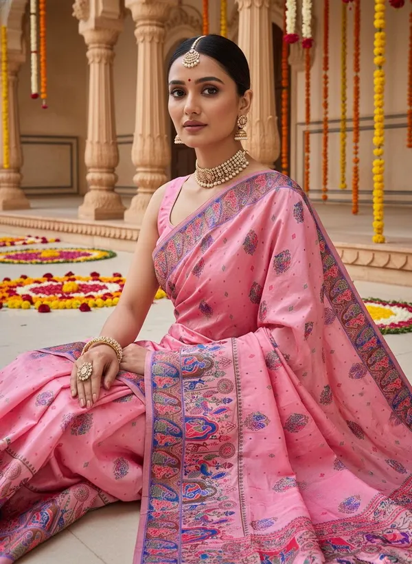 Pink_Georgette_Jacquard_Woven_Madhubani_Saree_For_Women_|_With_Blouse_Piece