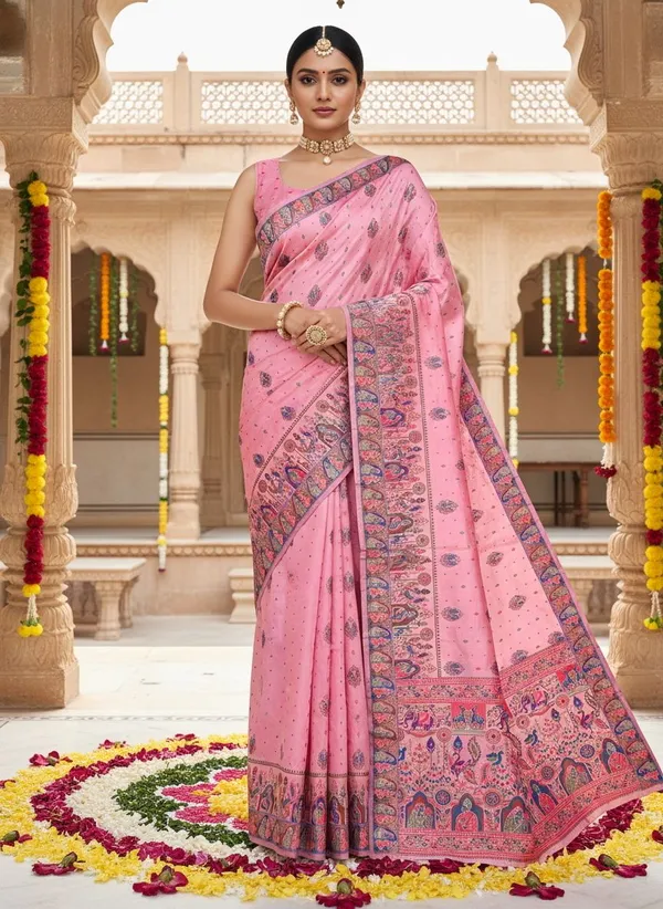 Pink_Georgette_Jacquard_Woven_Madhubani_Saree_For_Women_|_With_Blouse_Piece
