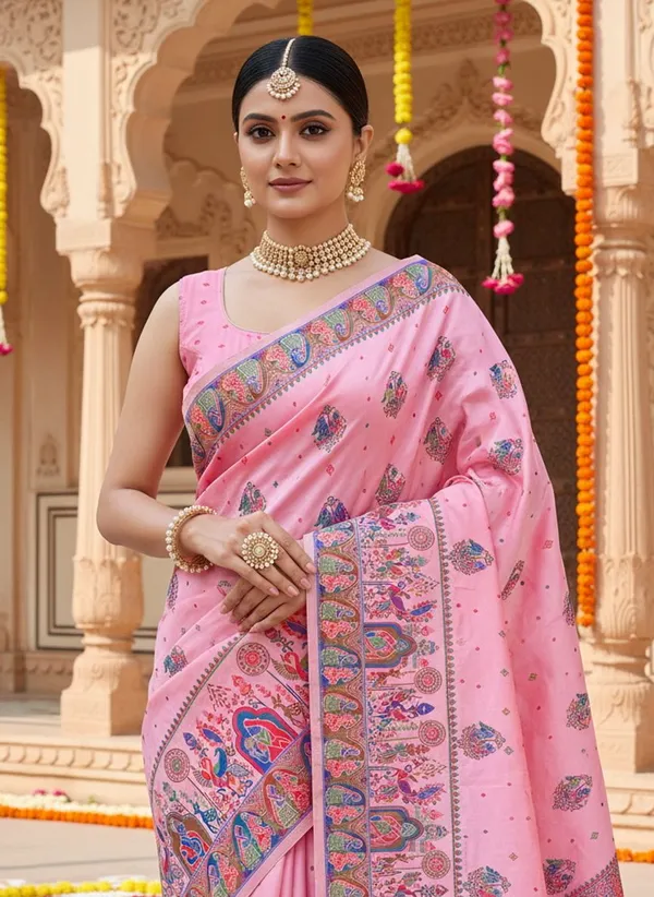 Pink_Georgette_Jacquard_Woven_Madhubani_Saree_For_Women_|_With_Blouse_Piece