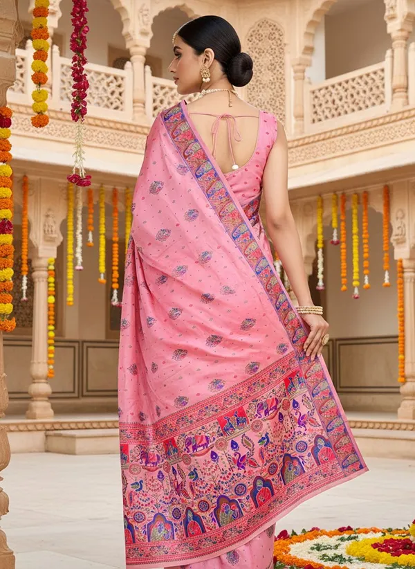 Pink_Georgette_Jacquard_Woven_Madhubani_Saree_For_Women_|_With_Blouse_Piece