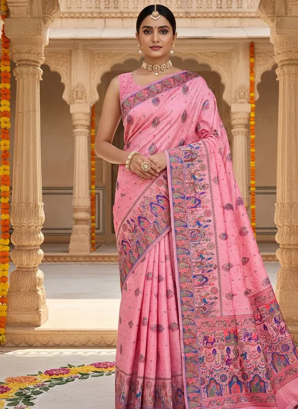 Pink_Georgette_Jacquard_Woven_Madhubani_Saree_For_Women_|_With_Blouse_Piece