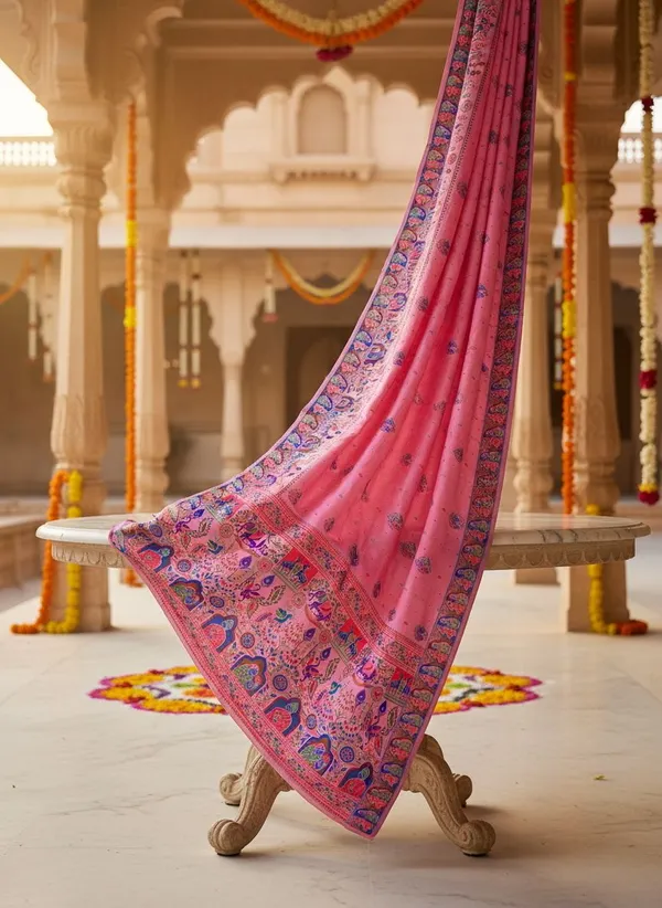 Pink_Georgette_Jacquard_Woven_Madhubani_Saree_For_Women_|_With_Blouse_Piece