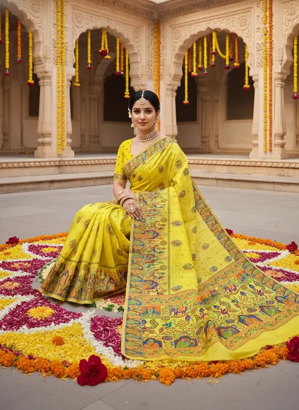 Yellow_Georgette_Jacquard_Woven_Madhubani_Saree_For_Women_|_With_Blouse_Piece