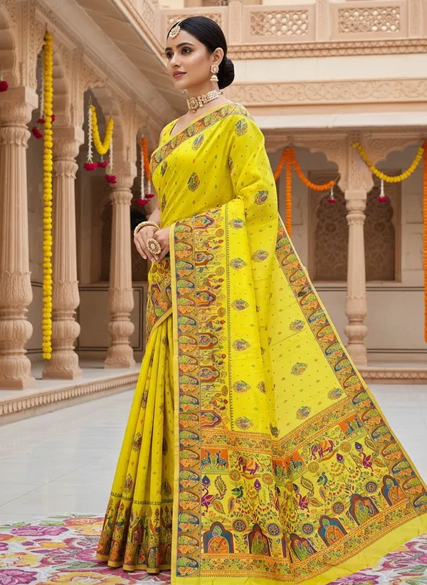 Yellow_Georgette_Jacquard_Woven_Madhubani_Saree_For_Women_|_With_Blouse_Piece