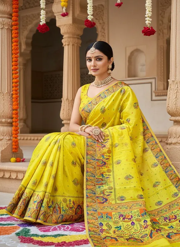 Yellow_Georgette_Jacquard_Woven_Madhubani_Saree_For_Women_|_With_Blouse_Piece