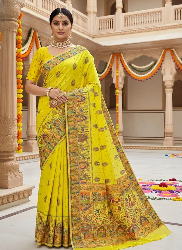 Yellow_Georgette_Jacquard_Woven_Madhubani_Saree_For_Women_|_With_Blouse_Piece