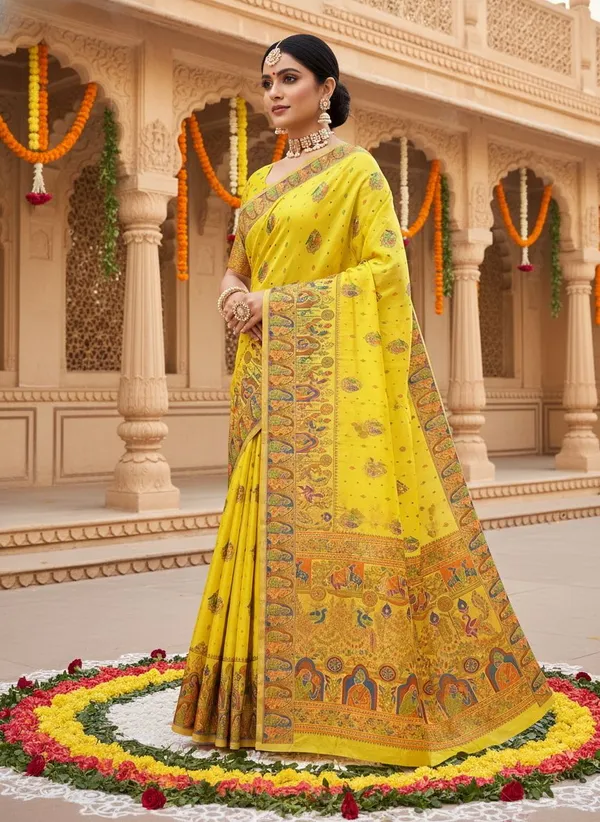 Yellow_Georgette_Jacquard_Woven_Madhubani_Saree_For_Women_|_With_Blouse_Piece