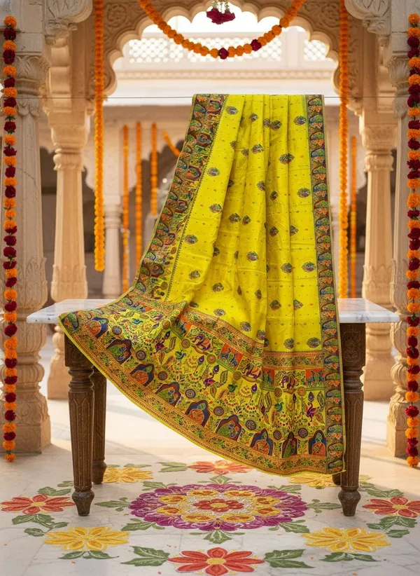 Yellow_Georgette_Jacquard_Woven_Madhubani_Saree_For_Women_|_With_Blouse_Piece