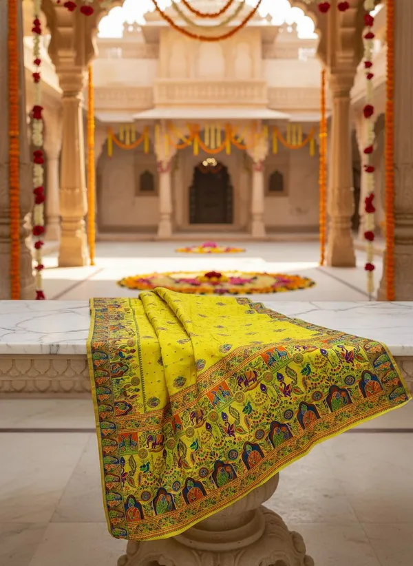 Yellow_Georgette_Jacquard_Woven_Madhubani_Saree_For_Women_|_With_Blouse_Piece