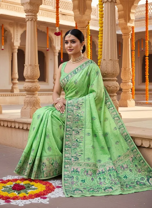 Lime_Green_Silk_Blend_Jacquard_Madhubani_Woven_Saree_For_Women_|_With_Blouse_Piece