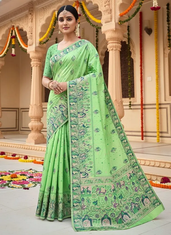 Lime_Green_Silk_Blend_Jacquard_Madhubani_Woven_Saree_For_Women_|_With_Blouse_Piece