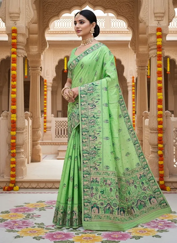 Lime_Green_Silk_Blend_Jacquard_Madhubani_Woven_Saree_For_Women_|_With_Blouse_Piece
