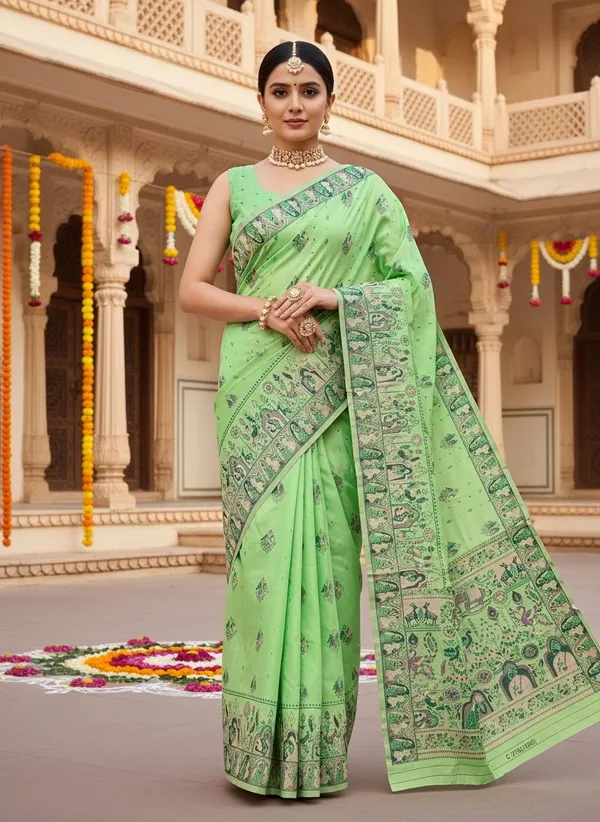 Lime_Green_Silk_Blend_Jacquard_Madhubani_Woven_Saree_For_Women_|_With_Blouse_Piece