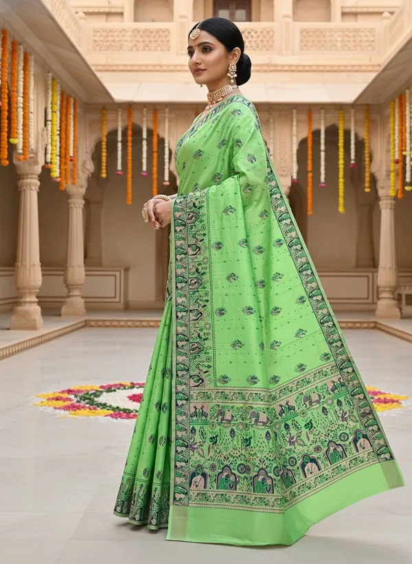 Lime_Green_Silk_Blend_Jacquard_Madhubani_Woven_Saree_For_Women_|_With_Blouse_Piece