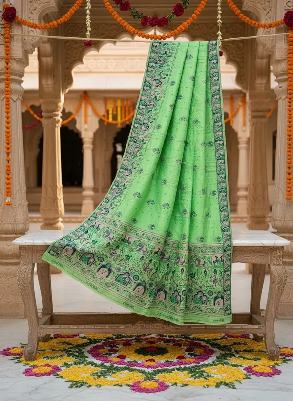 Lime_Green_Silk_Blend_Jacquard_Madhubani_Woven_Saree_For_Women_|_With_Blouse_Piece