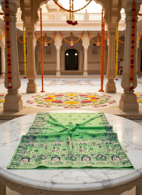 Lime_Green_Silk_Blend_Jacquard_Madhubani_Woven_Saree_For_Women_|_With_Blouse_Piece