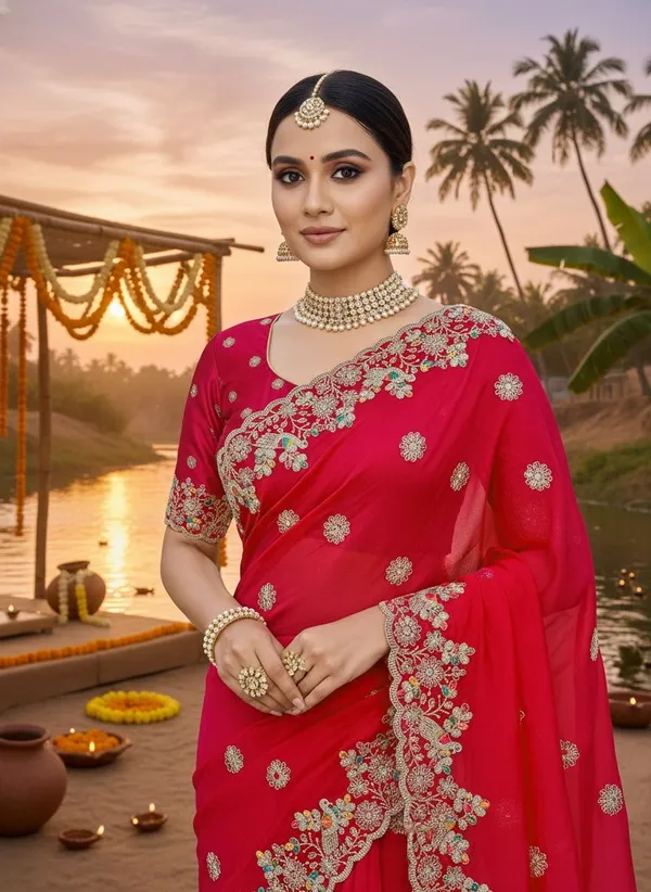 Red_Satin_Embroidered_Sequin_Scalloped_Border_Saree_For_Women_|_With_Blouse_Piece