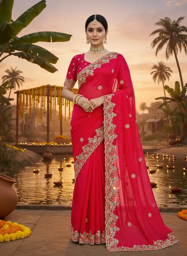 Red_Satin_Embroidered_Sequin_Scalloped_Border_Saree_For_Women_|_With_Blouse_Piece