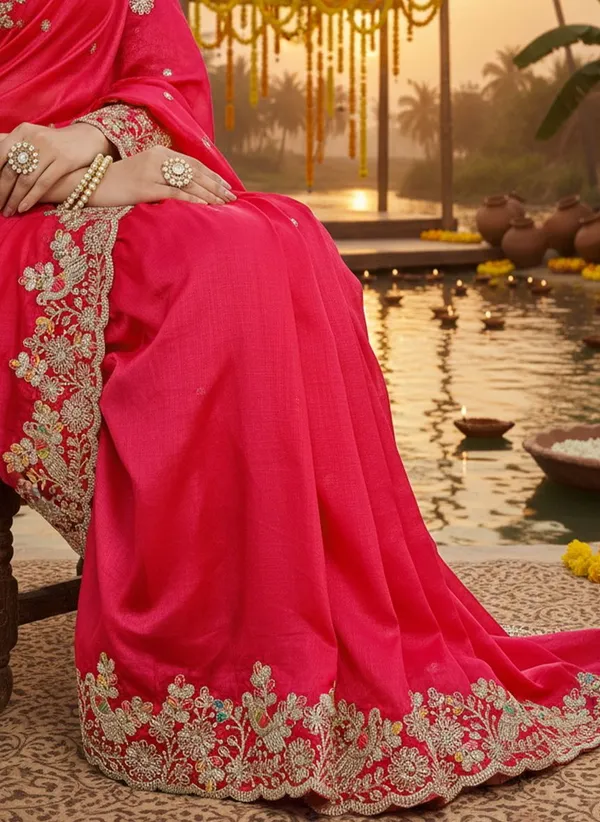 Red_Satin_Embroidered_Sequin_Scalloped_Border_Saree_For_Women_|_With_Blouse_Piece