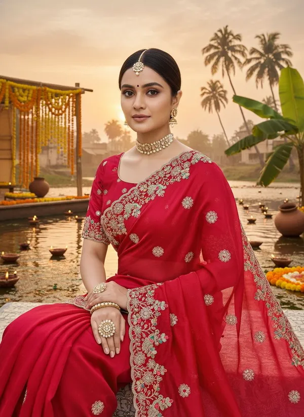 Red_Satin_Embroidered_Sequin_Scalloped_Border_Saree_For_Women_|_With_Blouse_Piece
