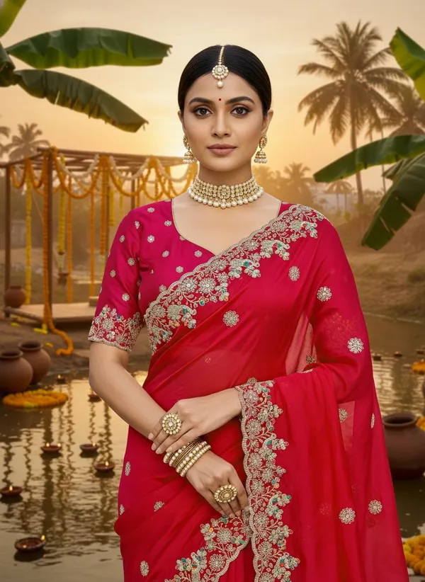 Red_Satin_Embroidered_Sequin_Scalloped_Border_Saree_For_Women_|_With_Blouse_Piece