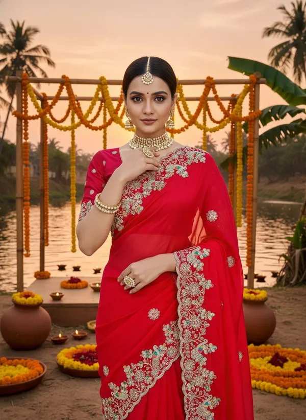 Red_Satin_Embroidered_Sequin_Scalloped_Border_Saree_For_Women_|_With_Blouse_Piece