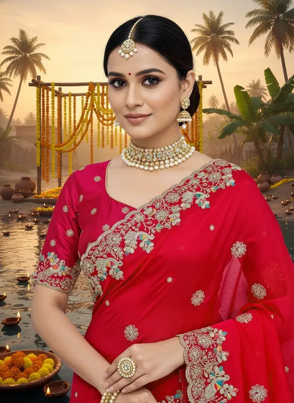 Red_Satin_Embroidered_Sequin_Scalloped_Border_Saree_For_Women_|_With_Blouse_Piece