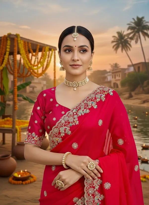 Red_Satin_Embroidered_Sequin_Scalloped_Border_Saree_For_Women_|_With_Blouse_Piece